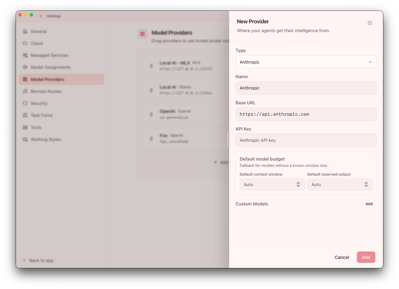 Connect a new model provider in Settings