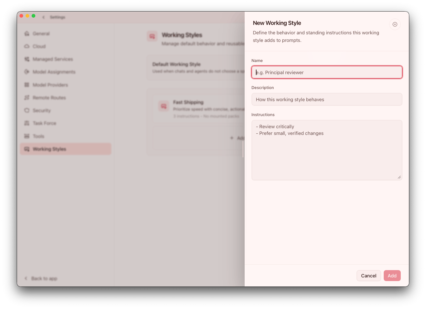Create and set a default working style