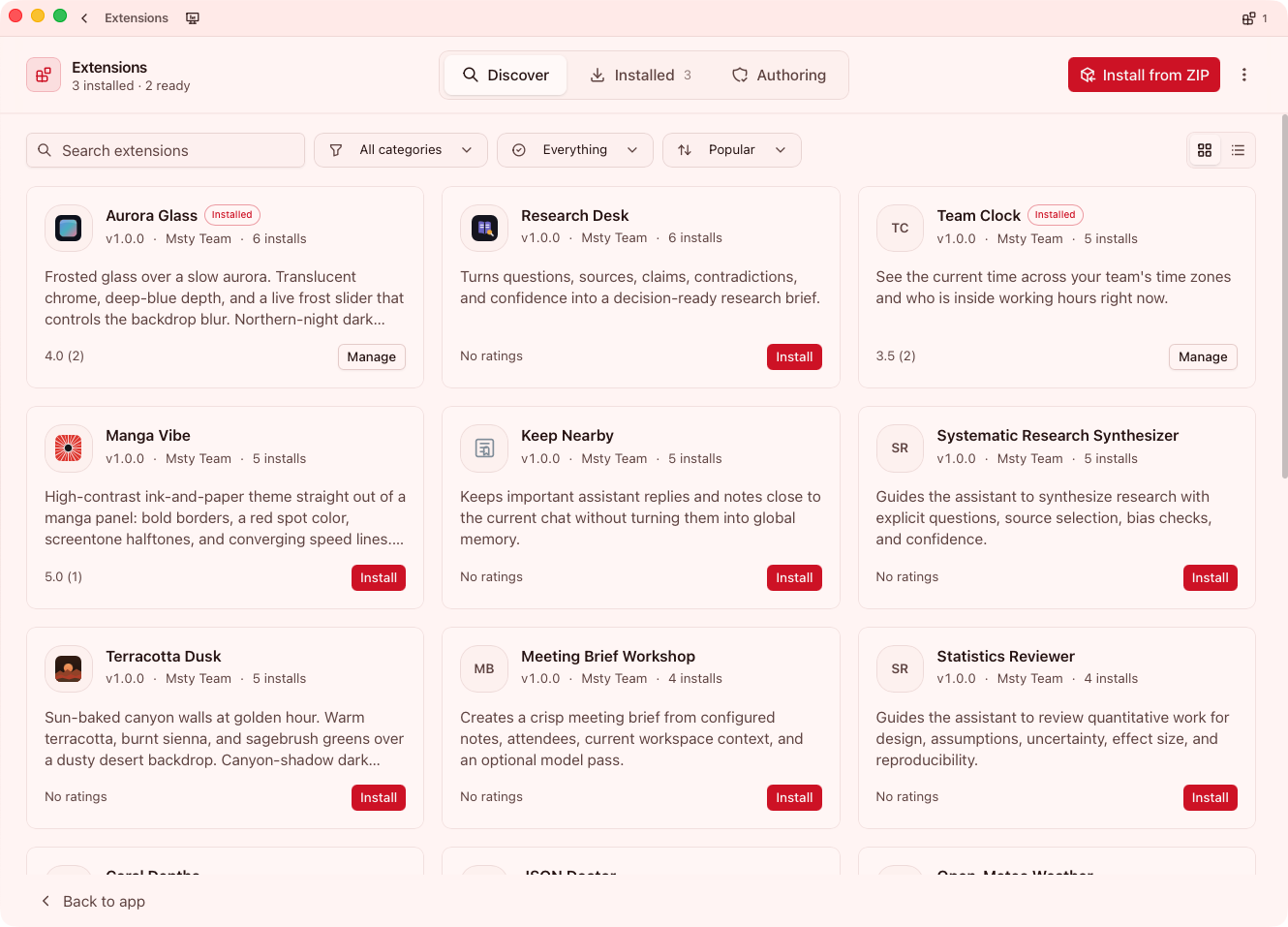 Extensions Discover catalog in Msty Go
